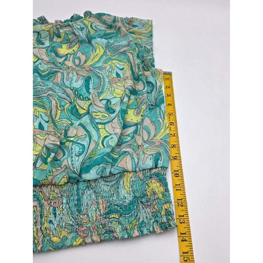 Tamara H Womens Paisley Clip Dot Blouse Smocked Hem Ruffle Neck Turquoise Large - Picture 6 of 10